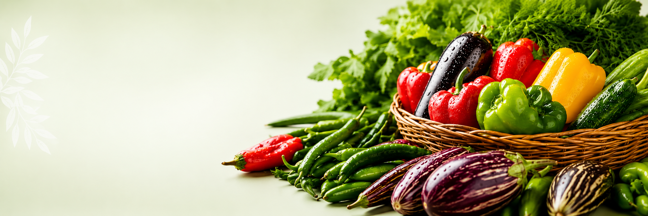 Ferske grønnsaker i en markedskurv med paprika, auberginer, agurker og urter